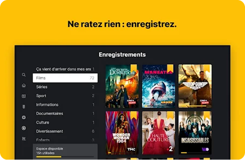Molotov — interface d’application avec catalogue de films, séries et chaînes TV, fond jaune vif