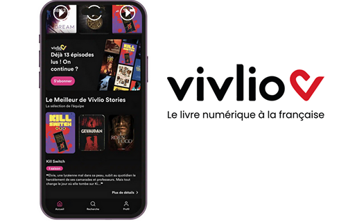 Vivlio — écran de smartphone affichant l’interface de lecture numérique, avec couvertures de livres et logo «vivlio»