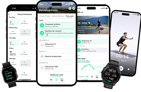 RunMotion Coach — écrans d’application sur smartphone, montre connectée et tablette, interface de suivi d’entraînement vocal