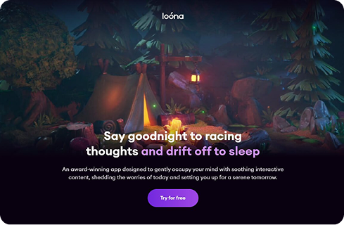 Loona — scène nocturne avec tente, feu de camp et forêt, jeu de méditation et coloriage